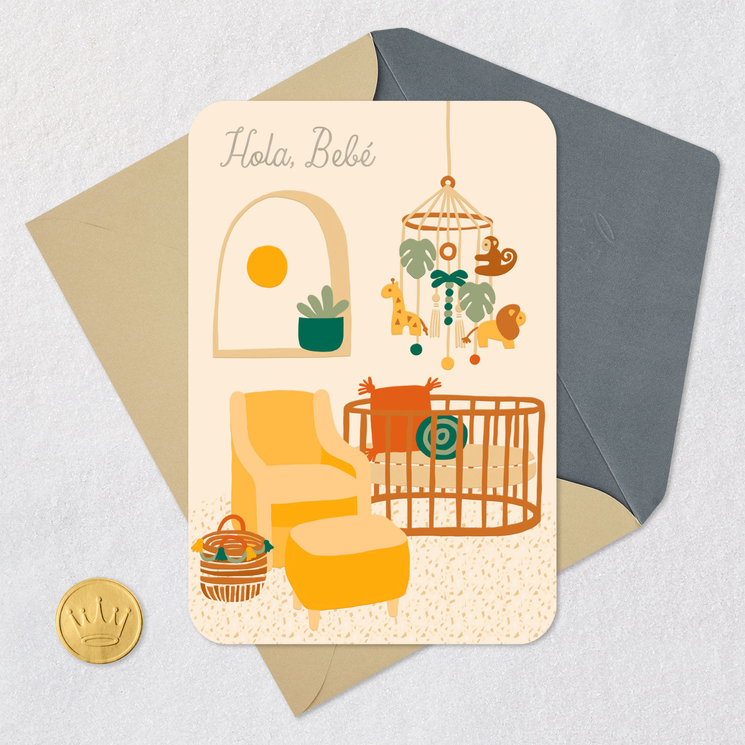 Baby Room Drawing New Baby Card in Spanish Card Front with Envelope and Gold Seal image number 5