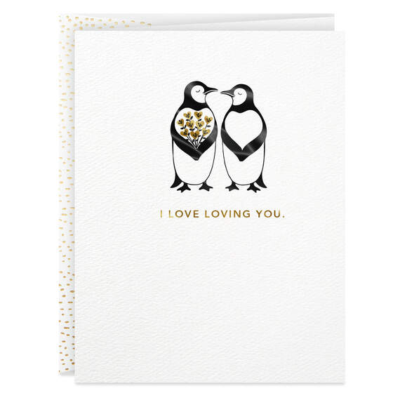 Two Penguins and Heart Bouquet Love Card