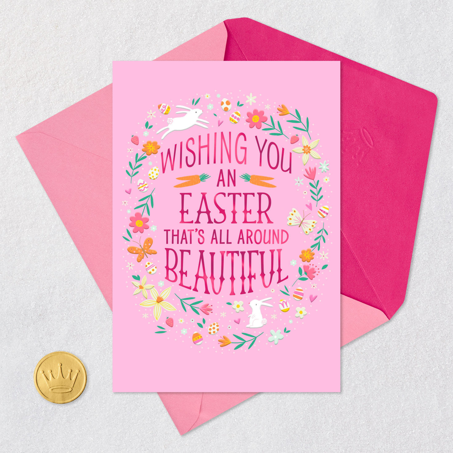 Flower Wreath with Bunnies on Pink Easter Card for Kids Card with envelope and Seal image number 5