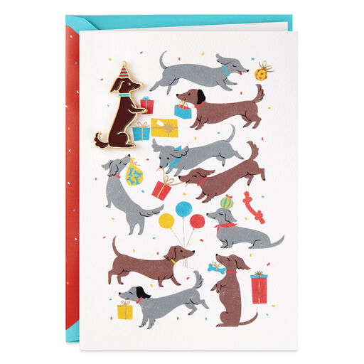 Dachshund Party Dogs Birthday Card With Enamel Pin, 
