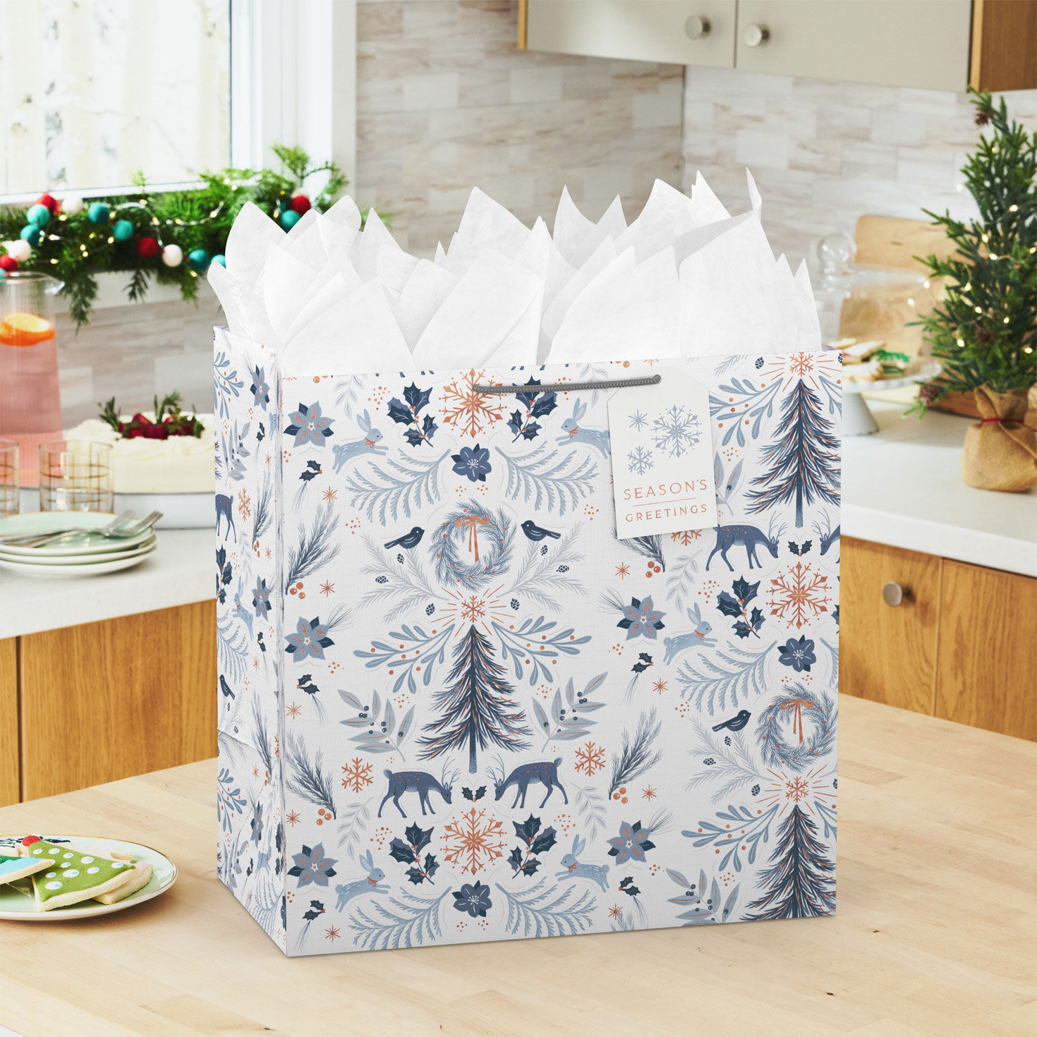 Winter Toile on White Big Holiday Gift Bag In use image number 2