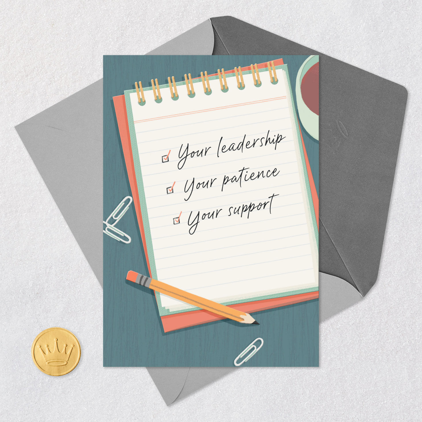 Notebook and Pencil Happy Boss's Day Card Card Front with Envelope and Gold Seal image number 5