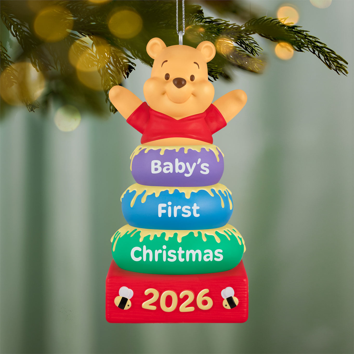 Pooh Stacking Rings Baby's First Keepsake Ornament hanging on tree image number 2