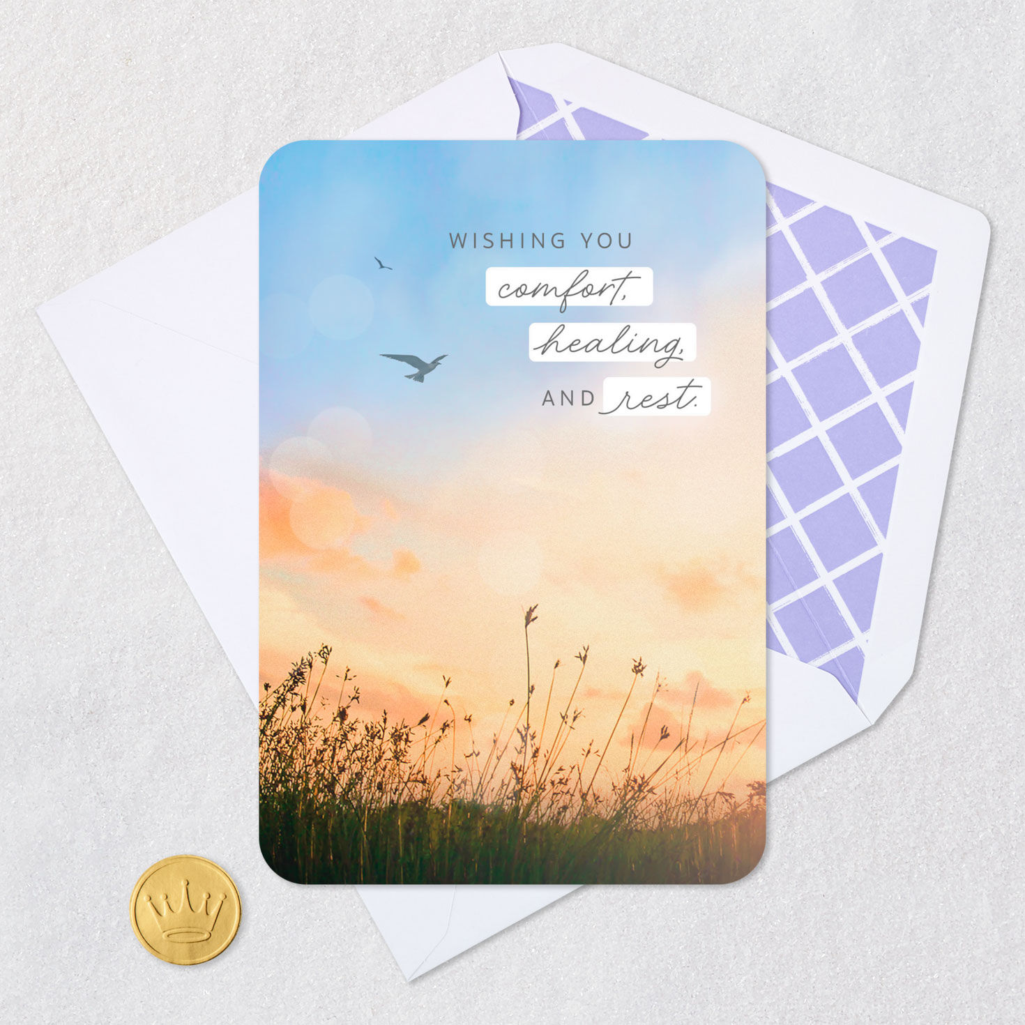 Sunset with Bird Over Meadow Get Well Card Card Front with Envelope and Gold Seal image number 5