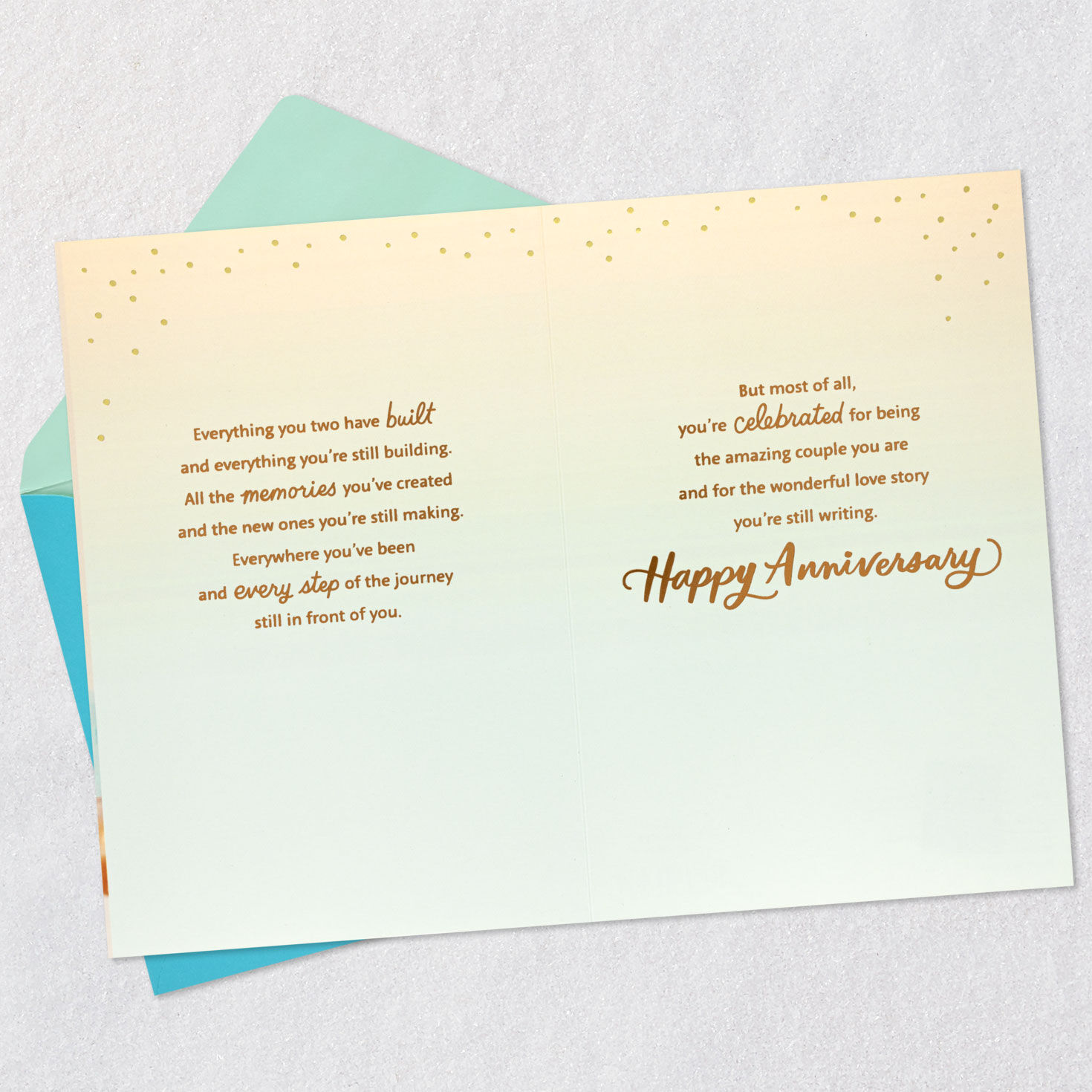 Teal and Gold Balloons with Confetti Anniversary Card Open card with envelope image number 4