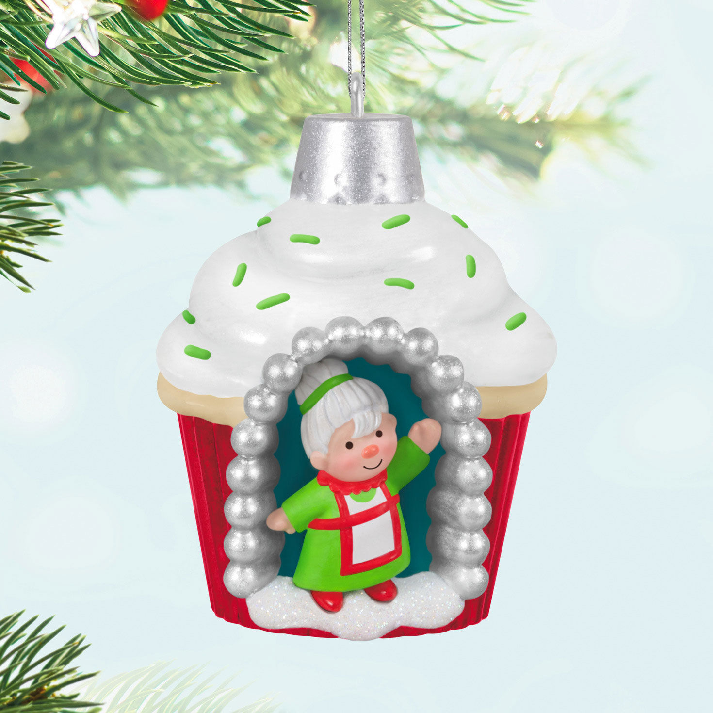 Mrs Claus in Cupcake Keepsake Ornament Hanging on tree image number 2