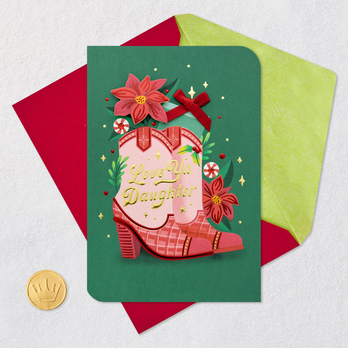 Pink Cowboy Boots on Green Christmas Card for Daughter Card Front with Envelope and Gold Seal image number 5