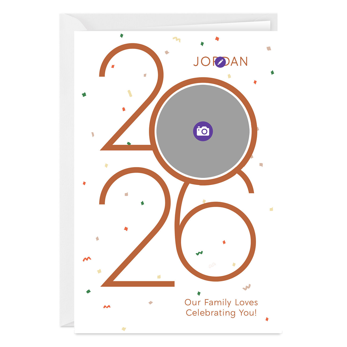 Orange 2026 and Confetti Personalized Grad Card Card Front indicating personalization image number 3
