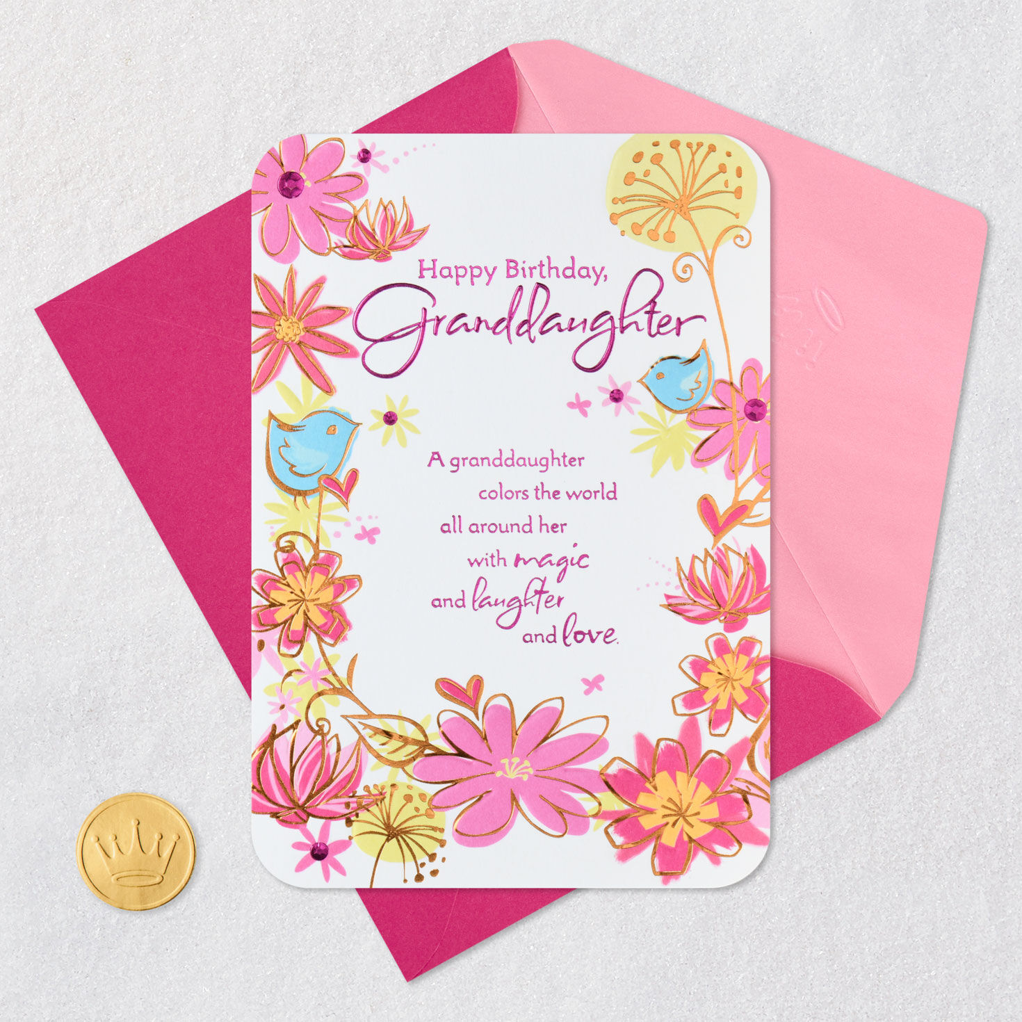 Birds, Flowers and Hearts Granddaughter Birthday Card Card Front with Envelope and Gold Seal image number 6