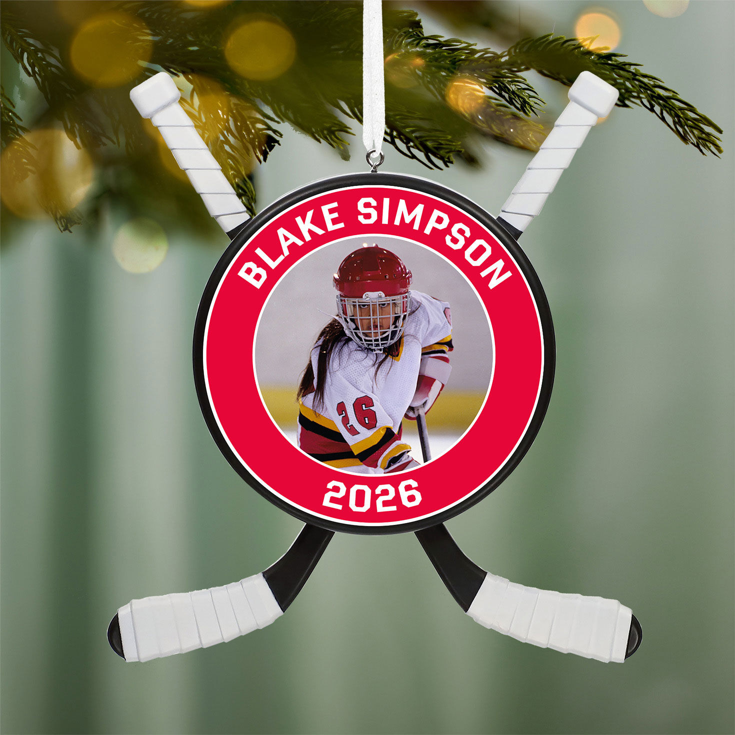 Hockey Star Personalized Photo Ornament, Custom Photo and Text hanging on tree image number 2