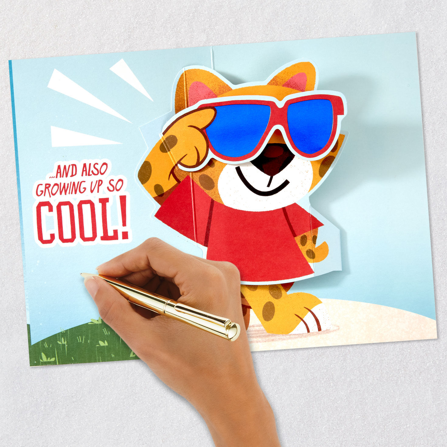 Skateboarding Cheetah Pop-Up Birthday Card for Grandson Signing card image number 6