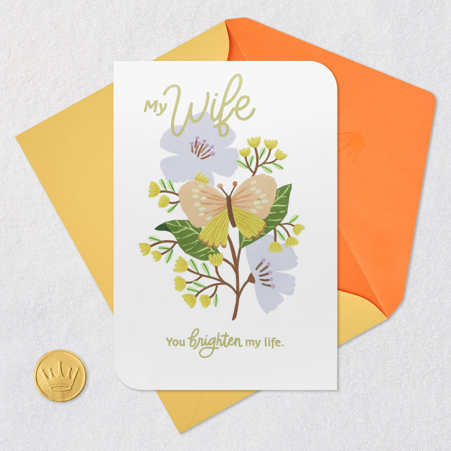 Peach Butterfly on Modern Flowers Easter Card for Wife Card Front with Envelope and Gold Seal image number 5