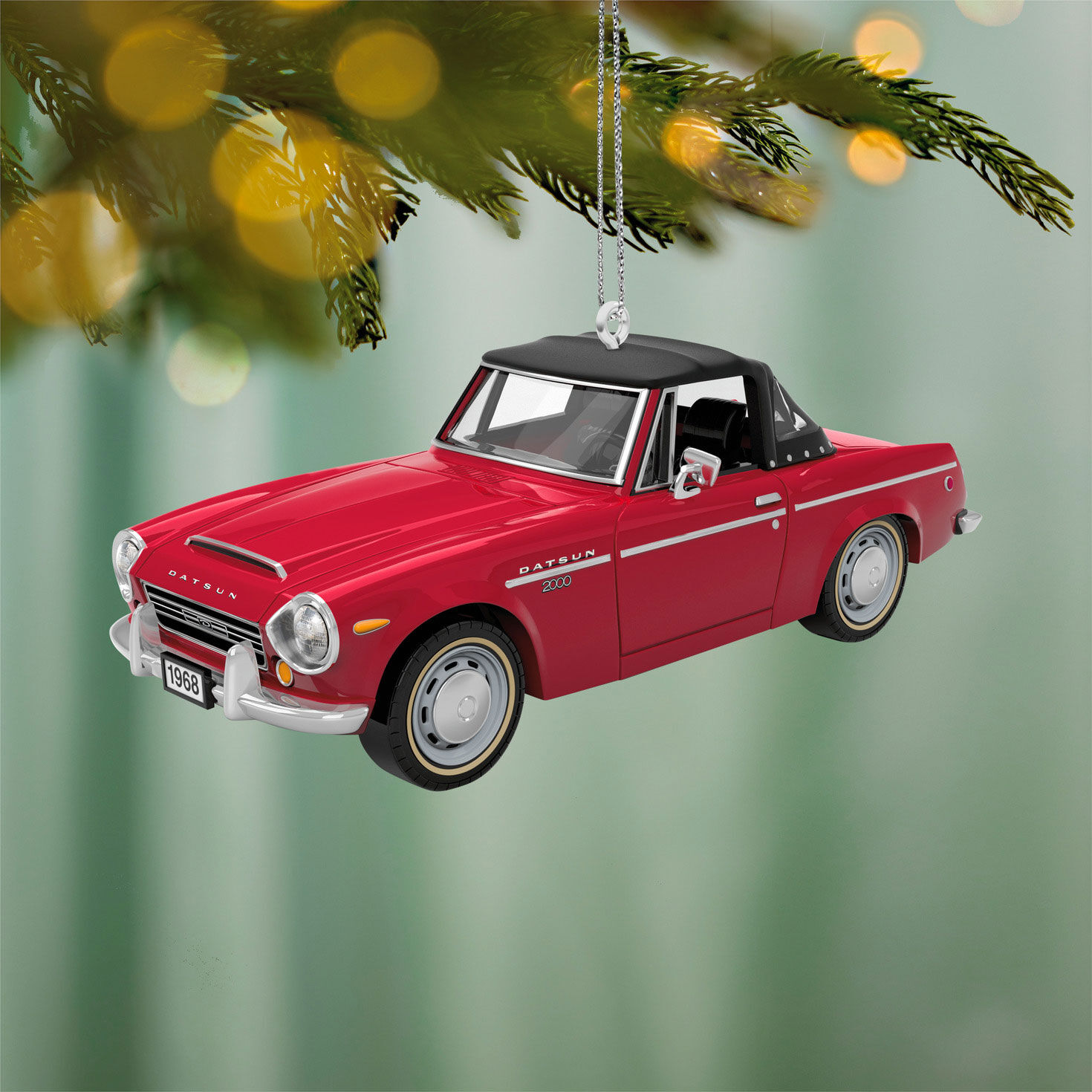 Red Vintage Datsun Car Keepsake Ornament hanging on tree image number 2