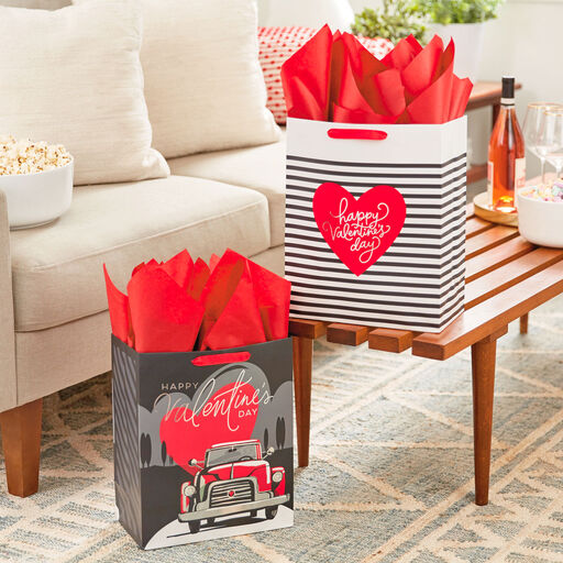 13" Stripes and Red Truck 2-Pack Large Valentine's Day Gift Bags With Tissue Paper, 
