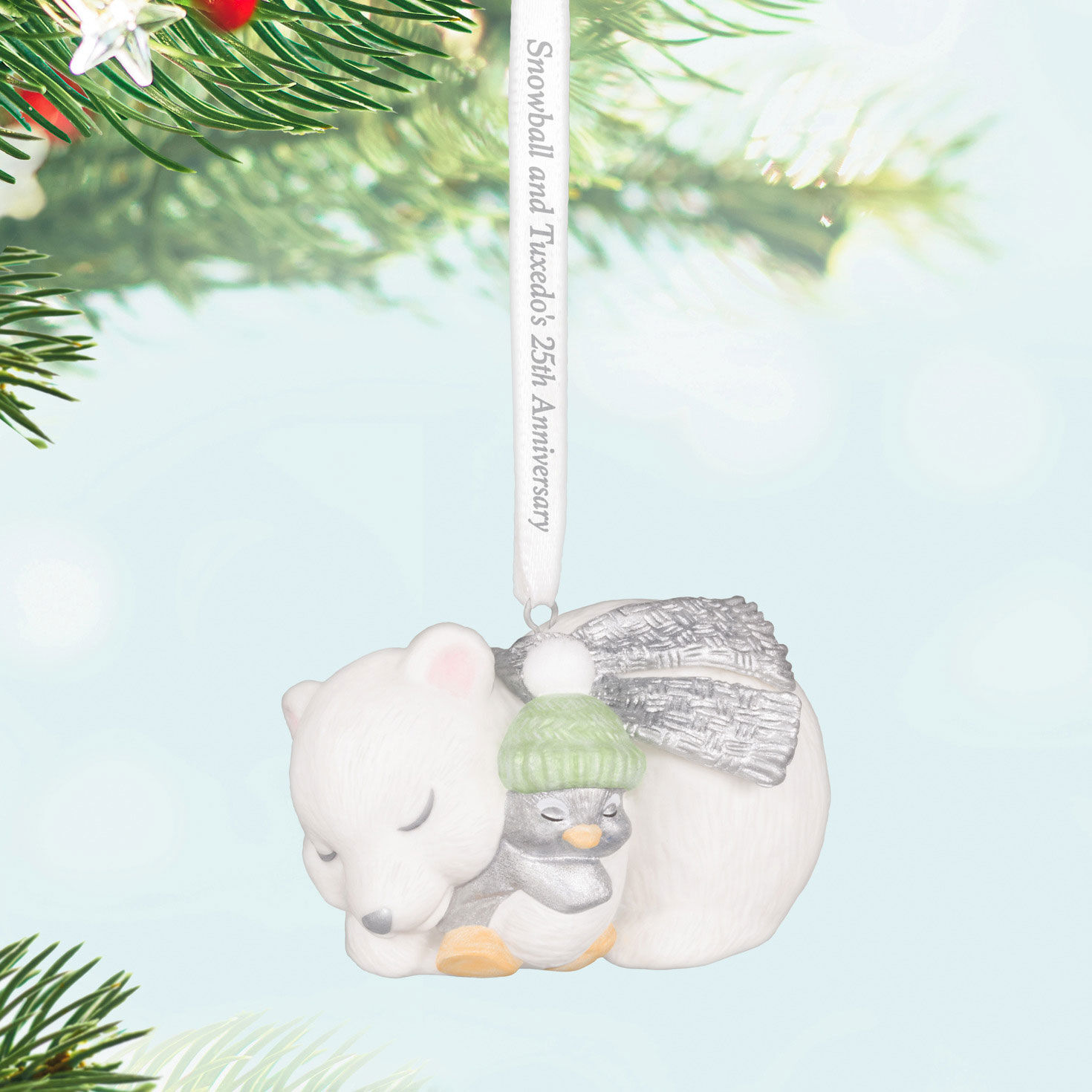 Polar Bear Penguin Napping Keepsake Ornament Hanging on tree image number 2