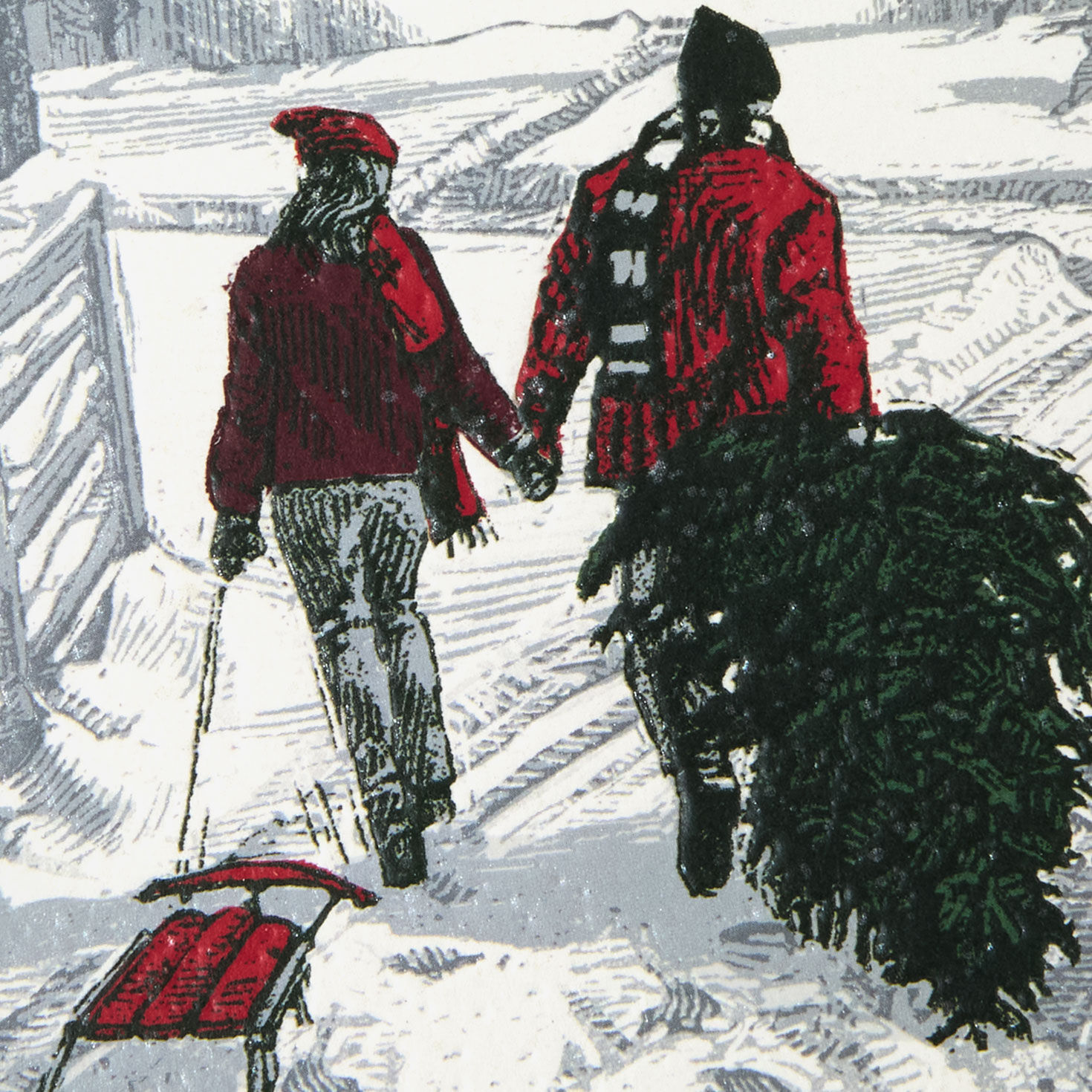 Red and Green Couple with Sled and Christmas Tree Card Card Front Detail image number 6