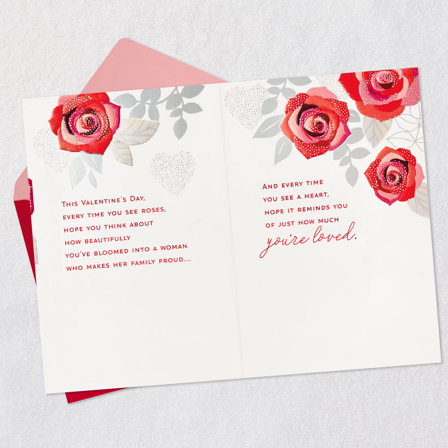 Roses and Silver Granddaughter Valentines Day Card Open card with envelope image number 4