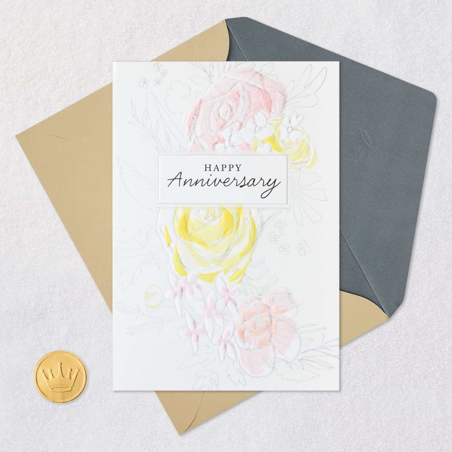 Pink and Yellow Flowers Anniversary Card Card Front with Envelope and Gold Seal image number 5