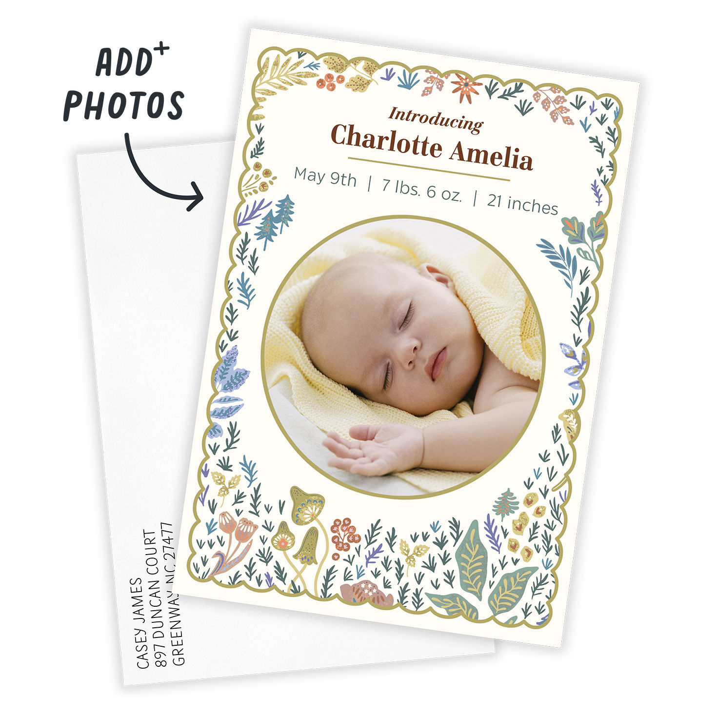 Flowers Nature Border Personalized Baby Announcement Card front with Envelope indicating personalization image number 2