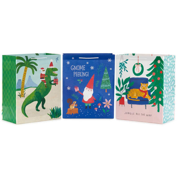 13" Punny Fun 3-Pack Large Christmas Gift Bags Assortment