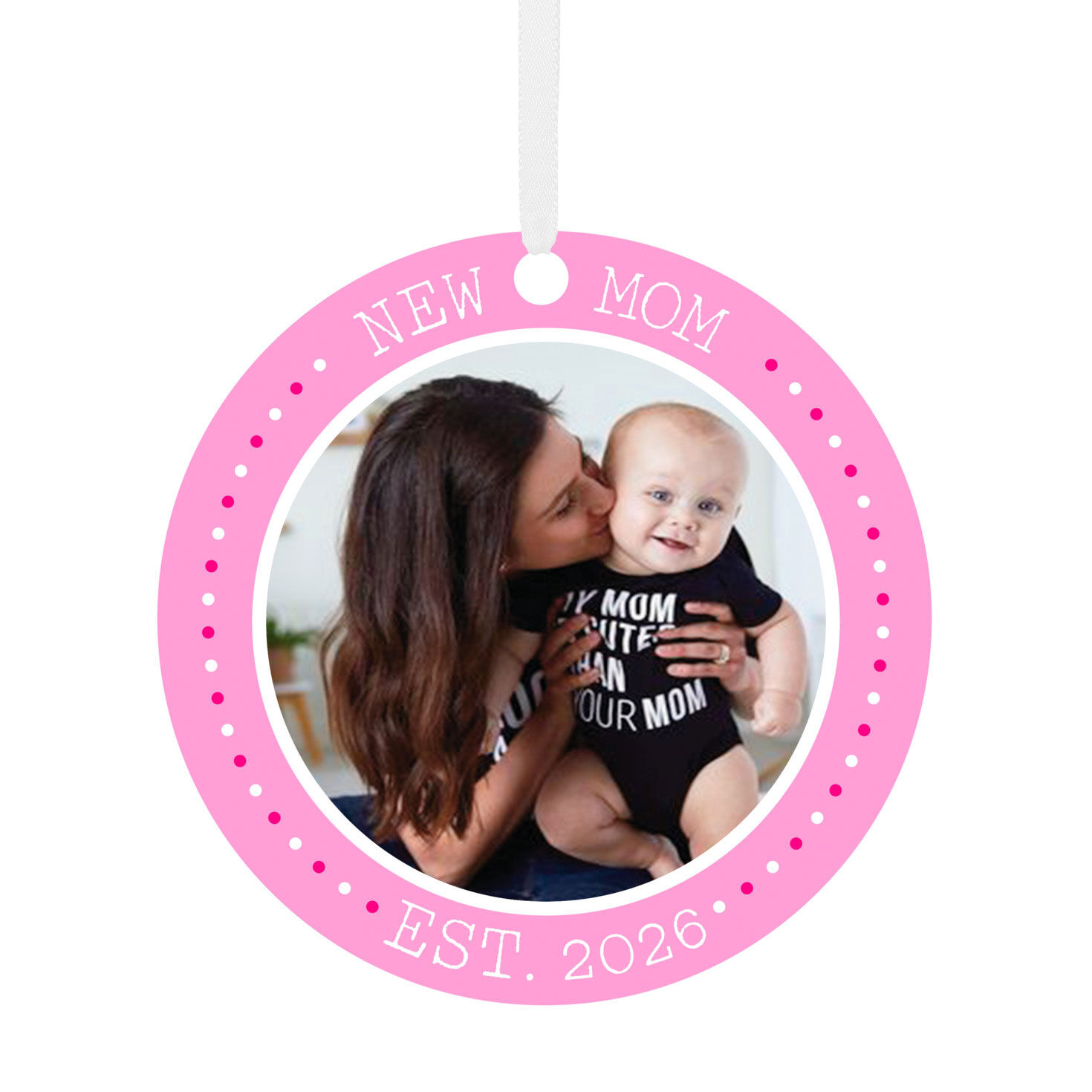 New Mom Round Metal Personalized Ornament, Custom Photo and Text