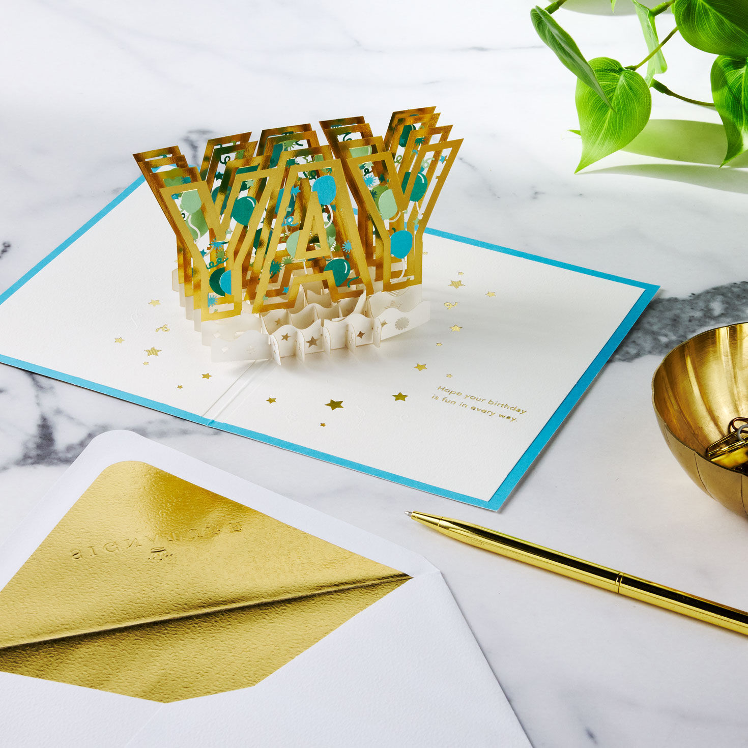 Gold, Blue and Teal Yay Pop-Up Birthday Card Open Card with Envelope and Gold Seal image number 7