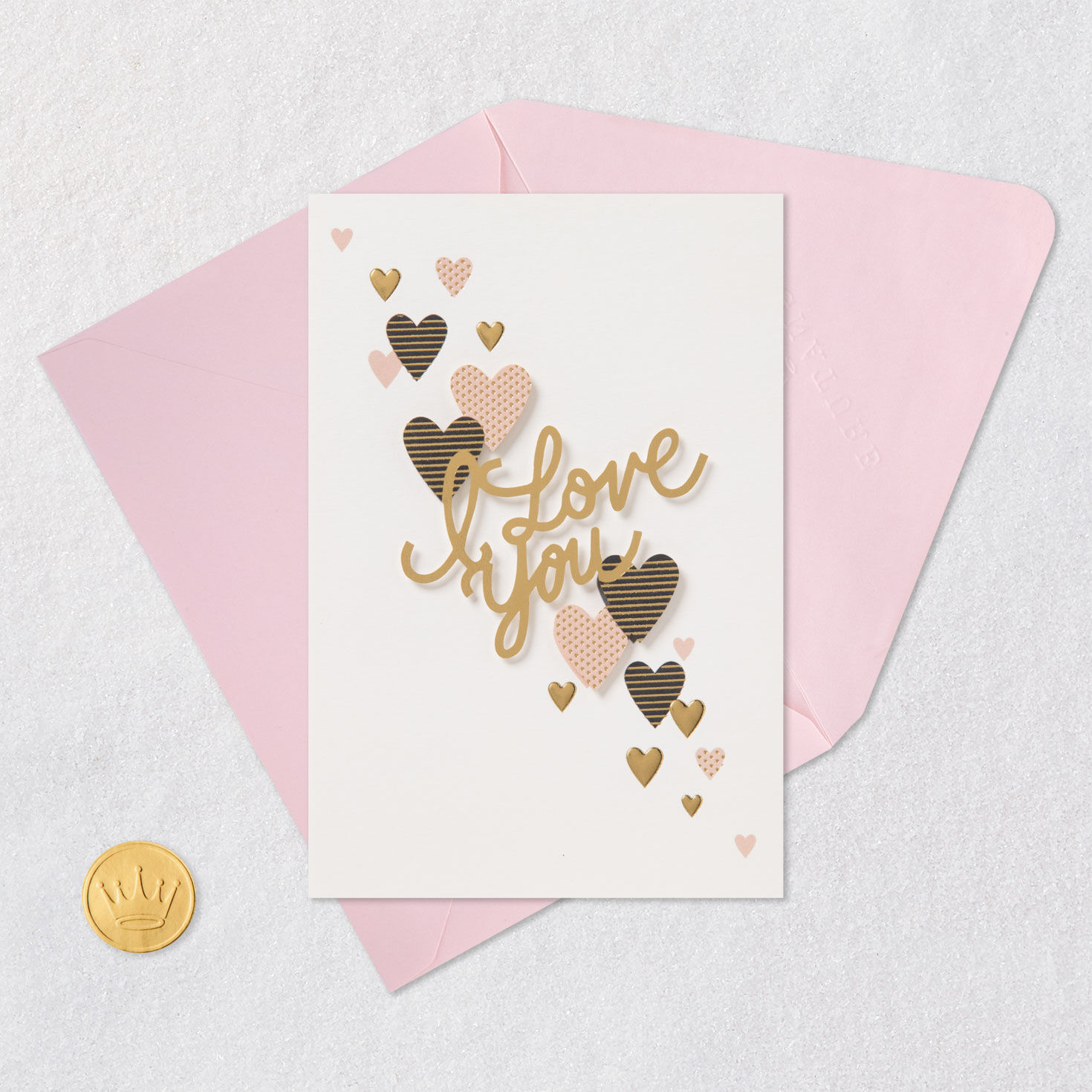 Pink, Black and Gold Hearts Love Card Card Front with Envelope and Gold Seal image number 5