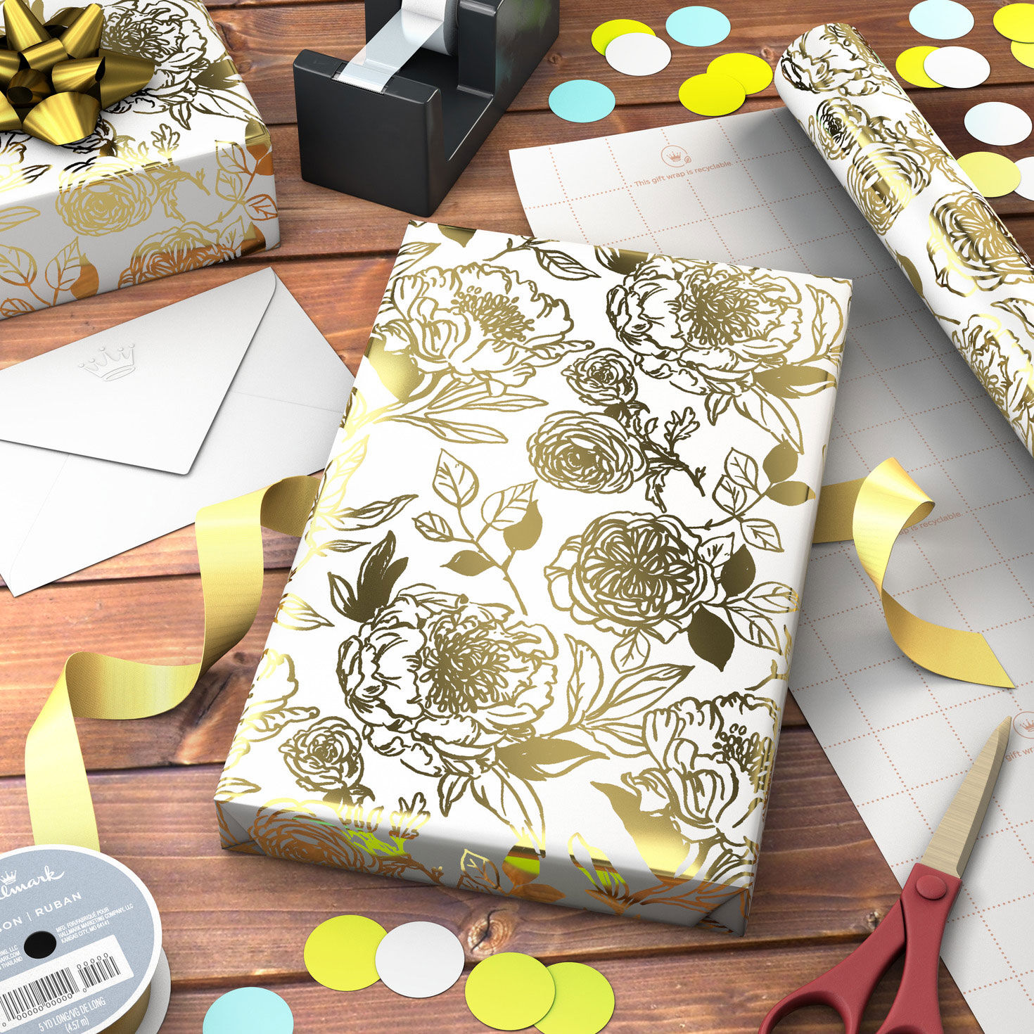 Gold Outlined Flowers on White Gift Wrap Roll Wrapped package image number 3