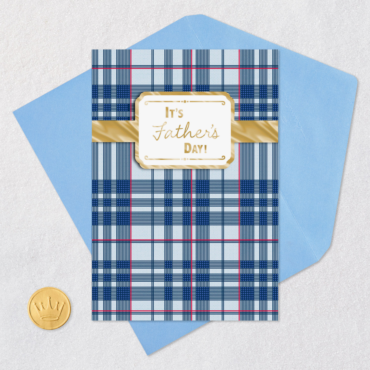 Gold Placard on Blue Plaid Happy Father's Day Card Card Front with Envelope and Gold Seal image number 5