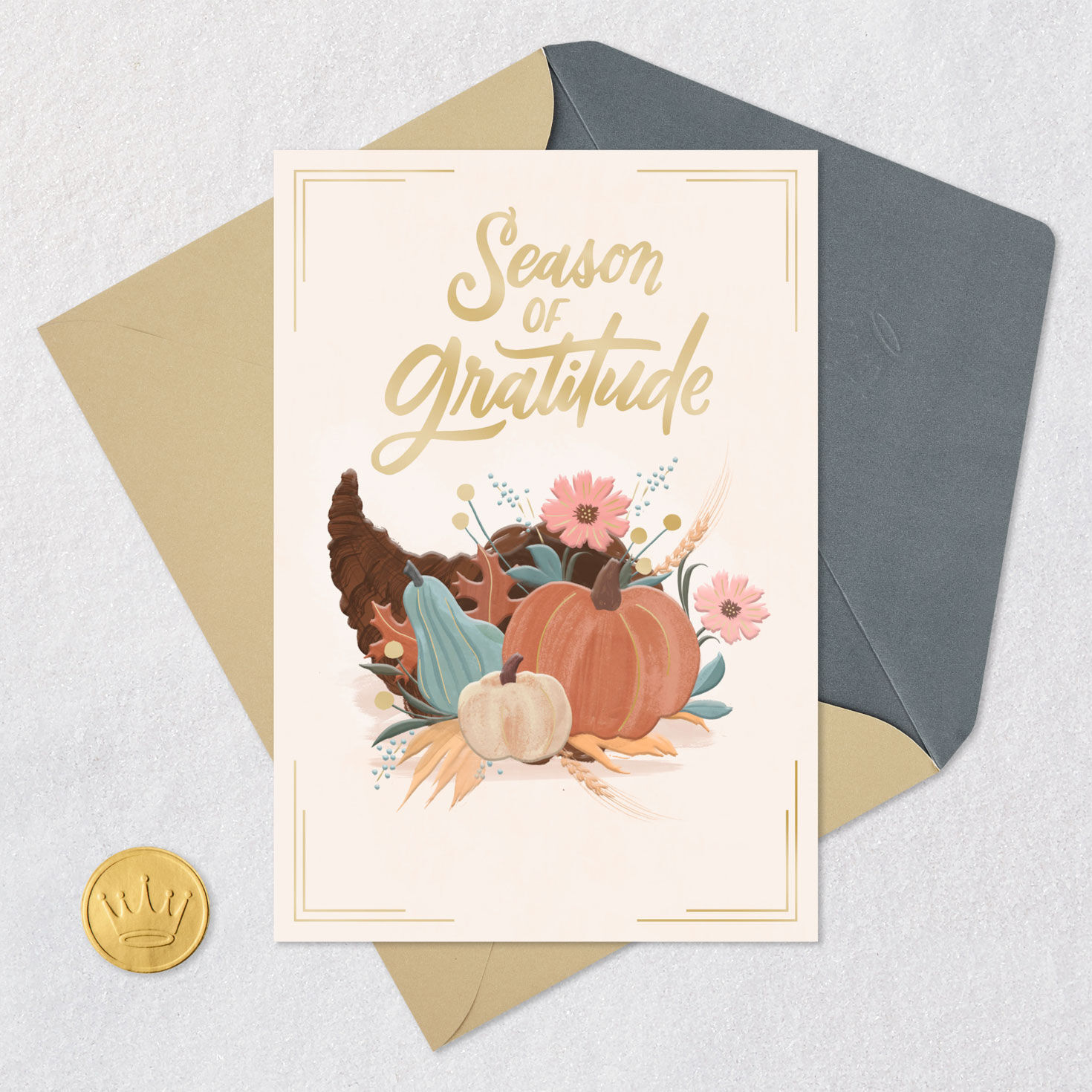 Pumpkin and Cornucopia Thanksgiving Card Card Front with Envelope and Gold Seal image number 5