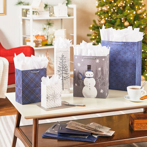 Bulk Blue and Gray 18-Pack Holiday Gift Bags, Assorted Sizes and Designs, 