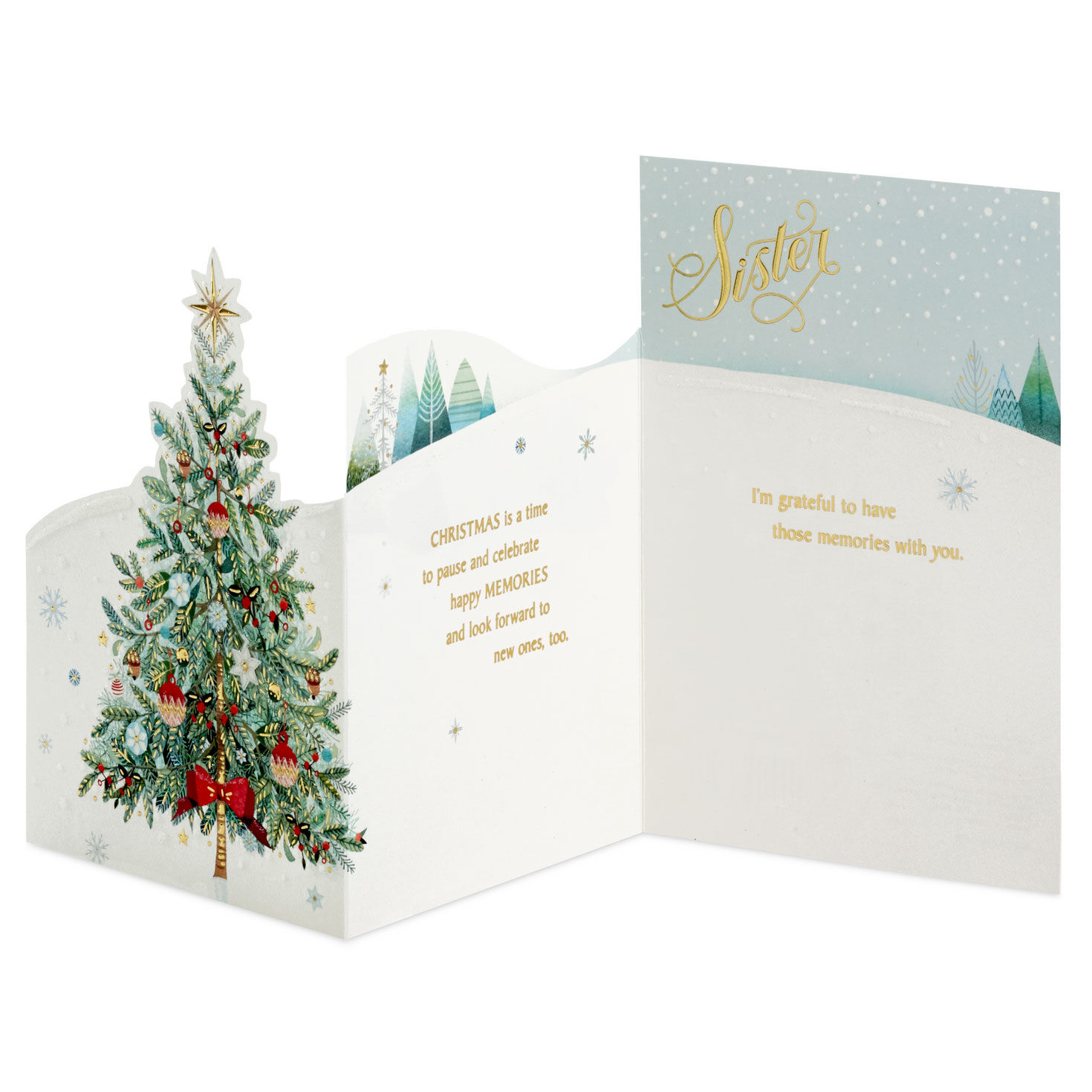 Decorated Tree in Snow Sister Christmas Card front folded out
 image number 2