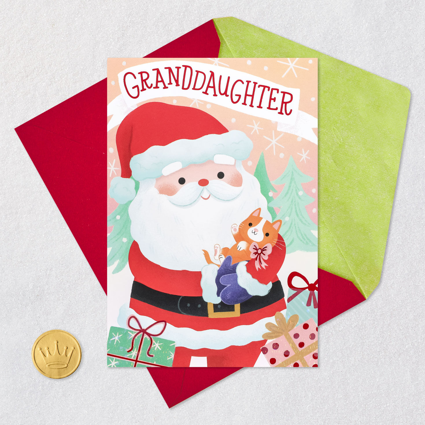 Santa with Orange Cat Granddaughter Christmas Card Card Front with Envelope and Gold Seal image number 5