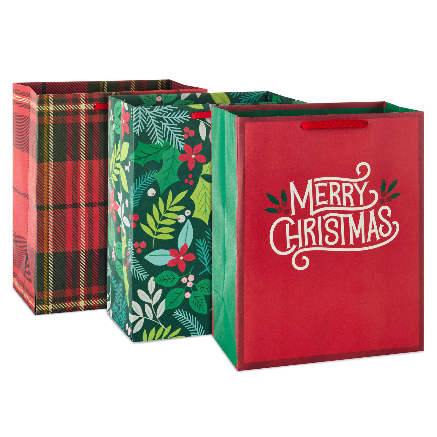 8.8" Red Plaid, Winter Foliage 3-Pack Assorted Medium Christmas Gift Bag Bundle