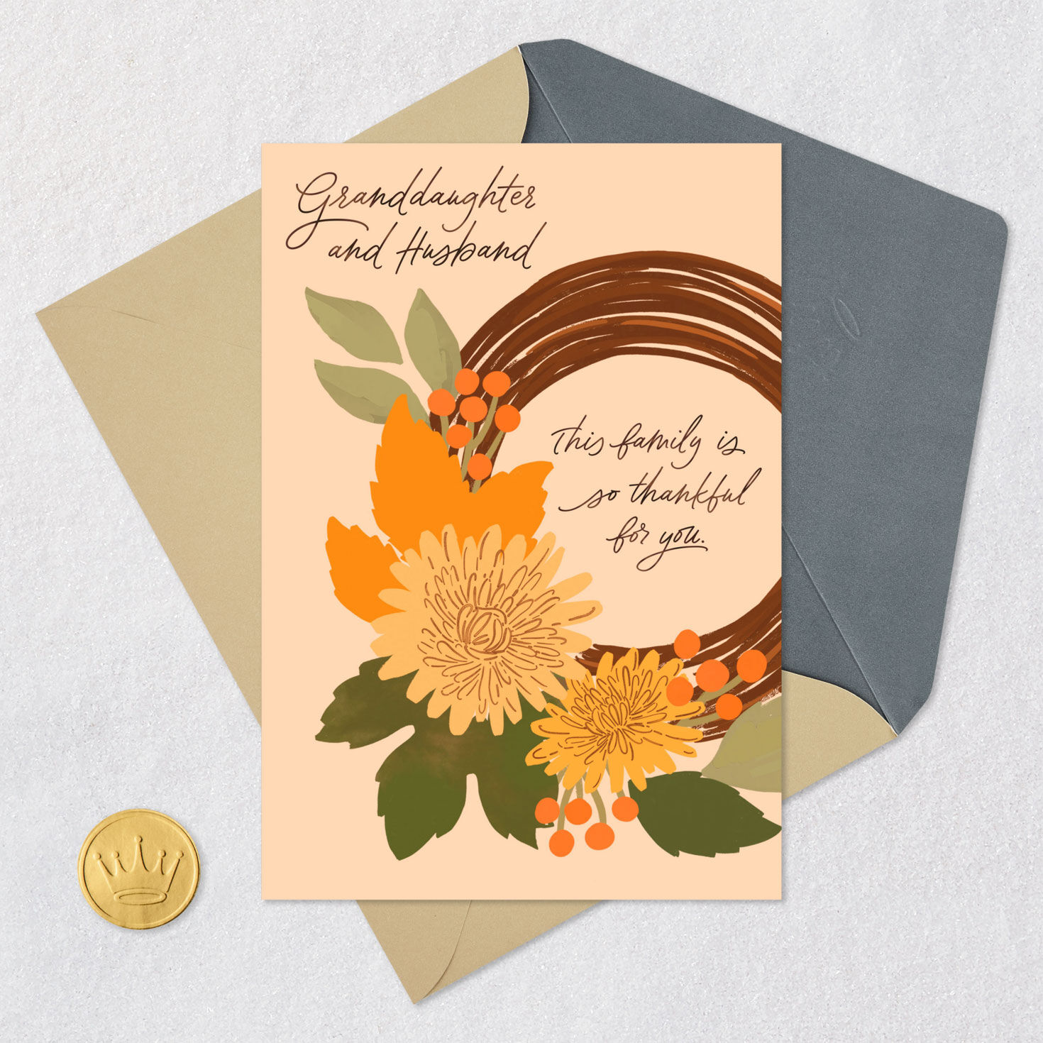Wreath Thanksgiving Card for Granddaughter and Husband Card Front with Envelope and Gold Seal image number 6