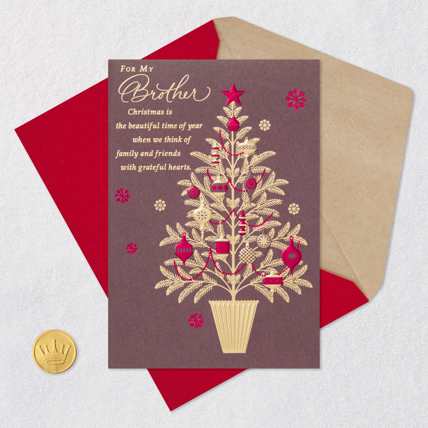 Gold Tree Christmas Card for Brother Card Front with Envelope and Gold Seal image number 5