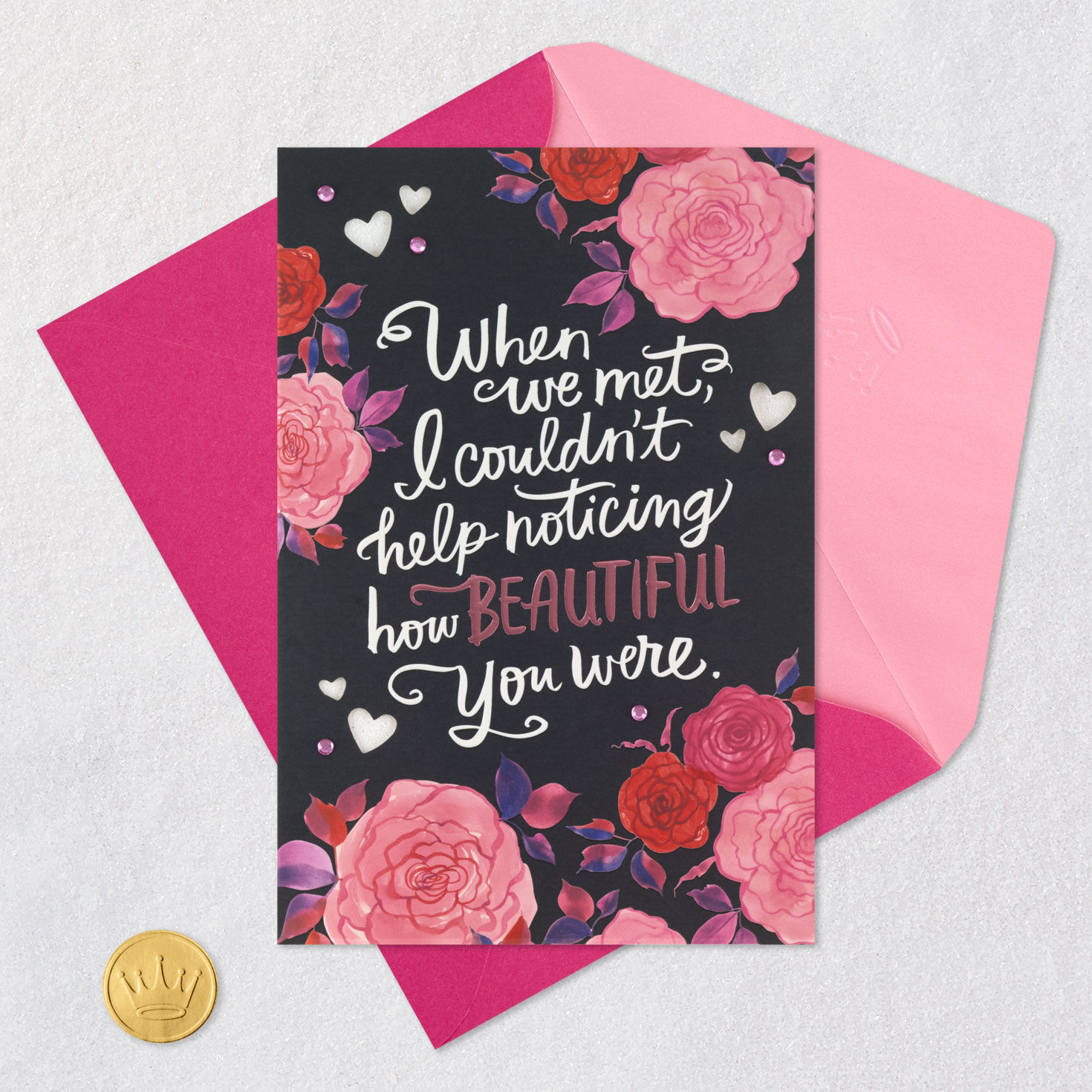 Pink Roses on Black Valentine's Day Card for Her Card Front with Envelope and Gold Seal image number 7