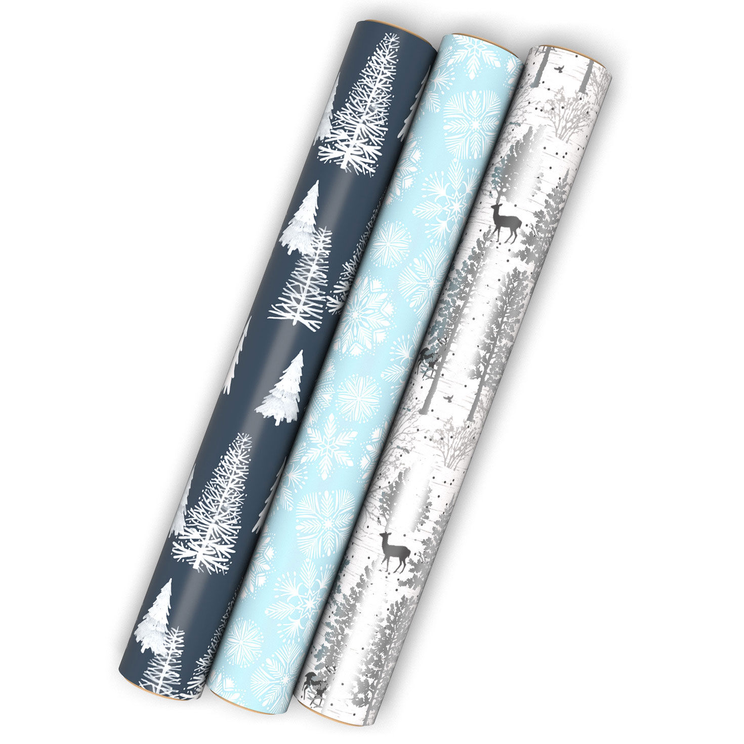 Blue Winter Trees, Snowflakes 3-Pack Assorted Christmas Wrapping Paper Mini Roll Bundle, 75 sq. ft. total