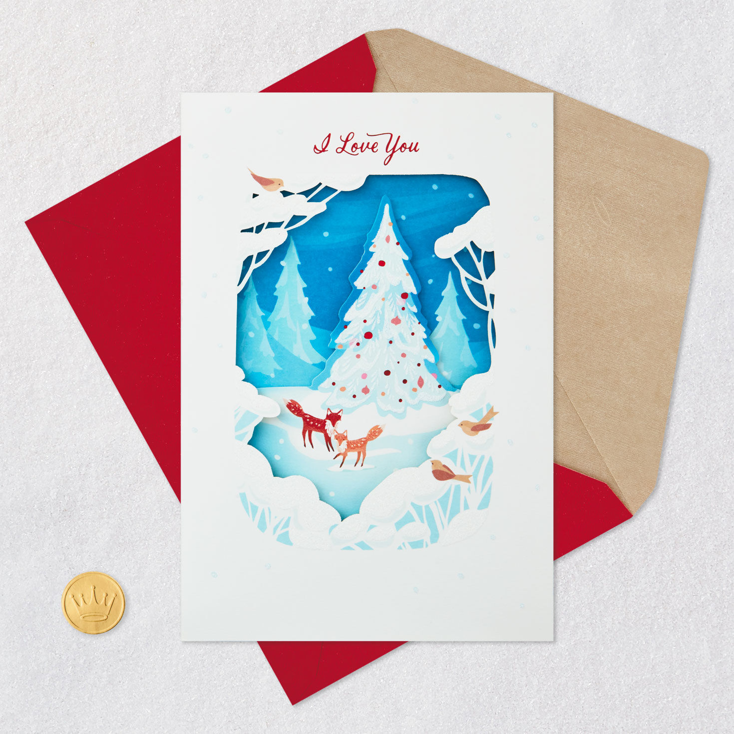Foxes in Snow Romantic Christmas Card Card Front with Envelope and Gold Seal image number 6