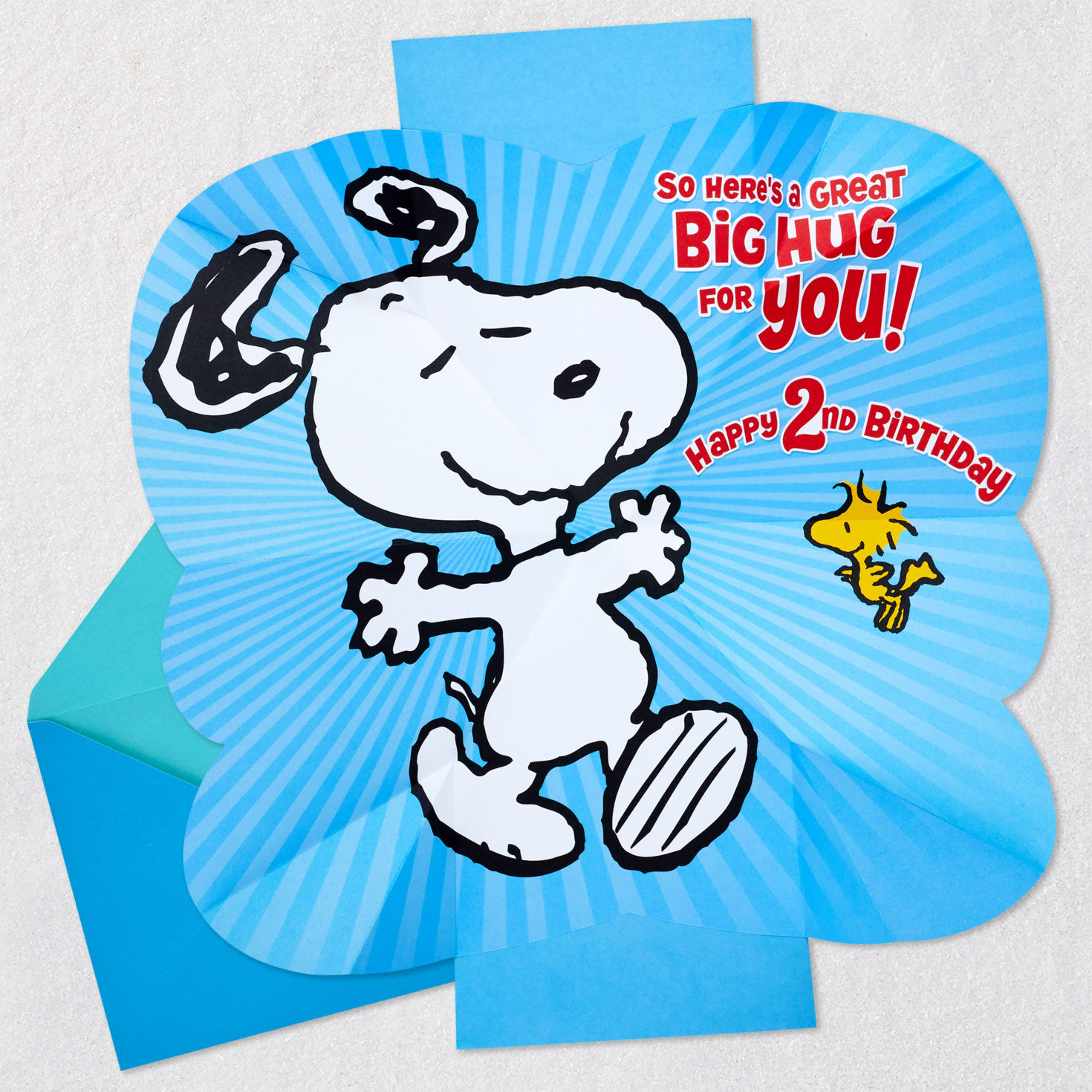 Snoopy & Woodstock Pop-Up Hug 2nd Birthday Card Open card with envelope image number 2