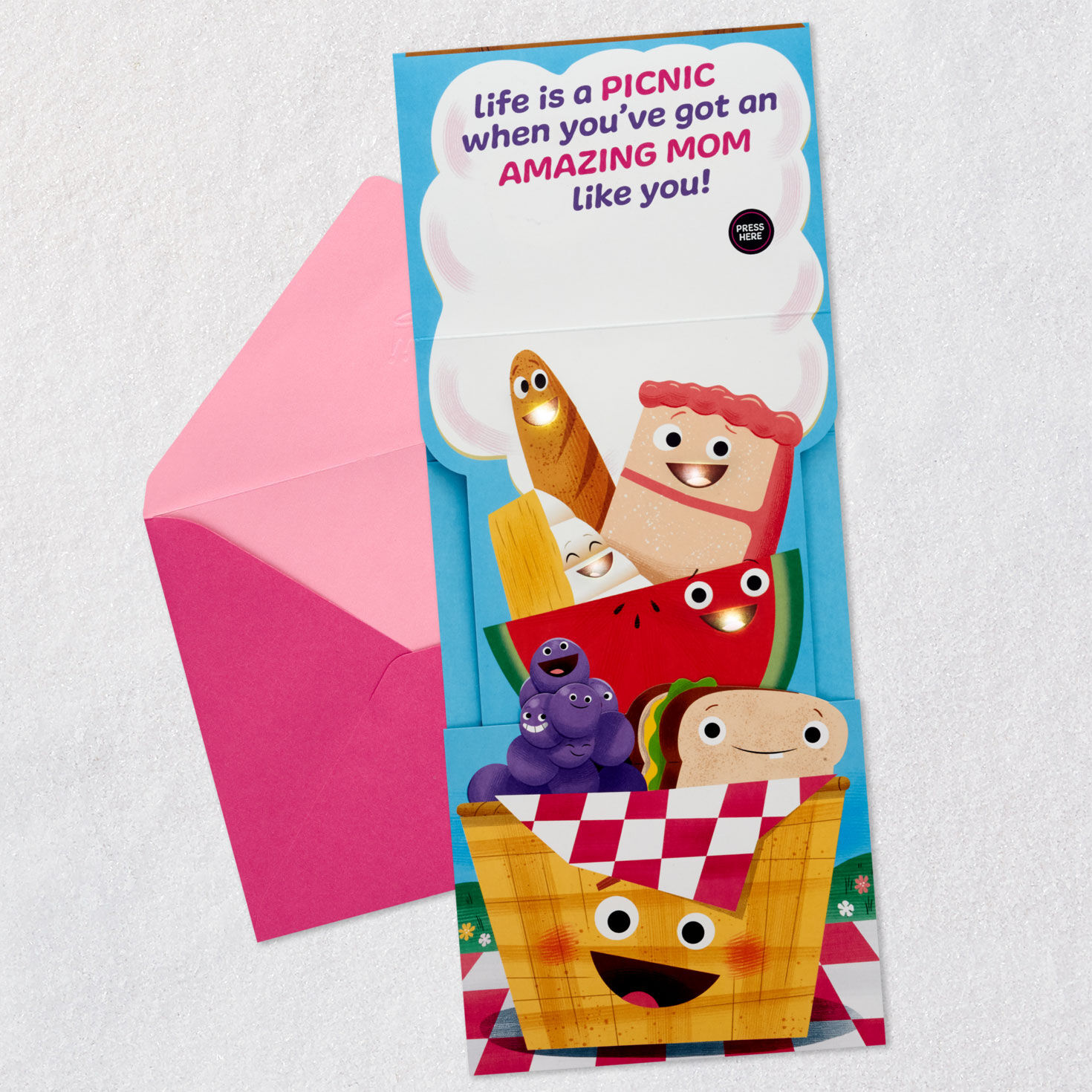 Smiling Picnic Basket Funny Pop-Up Mothers Day Card Open card with envelope image number 2