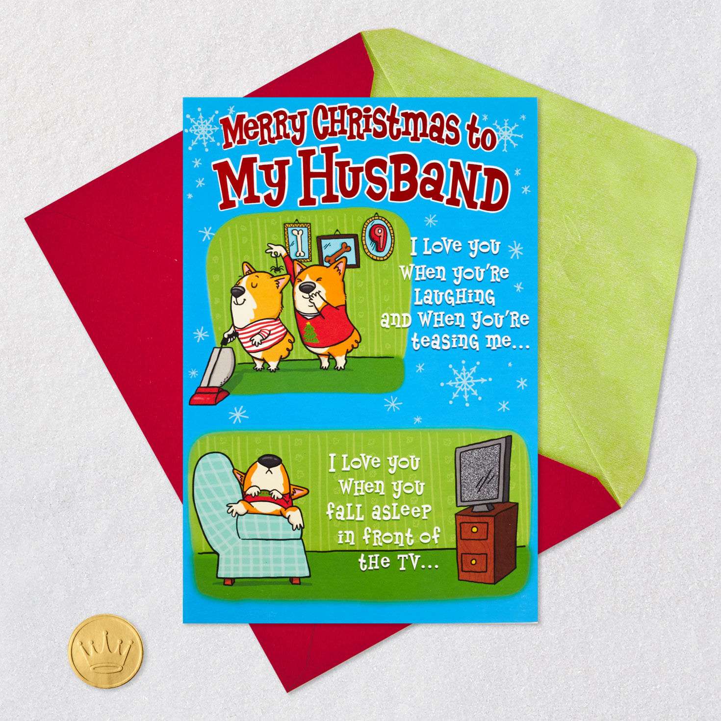 Corgi Dogs Funny Pop-Up Christmas Card for Husband Card Front with Envelope and Gold Seal image number 8