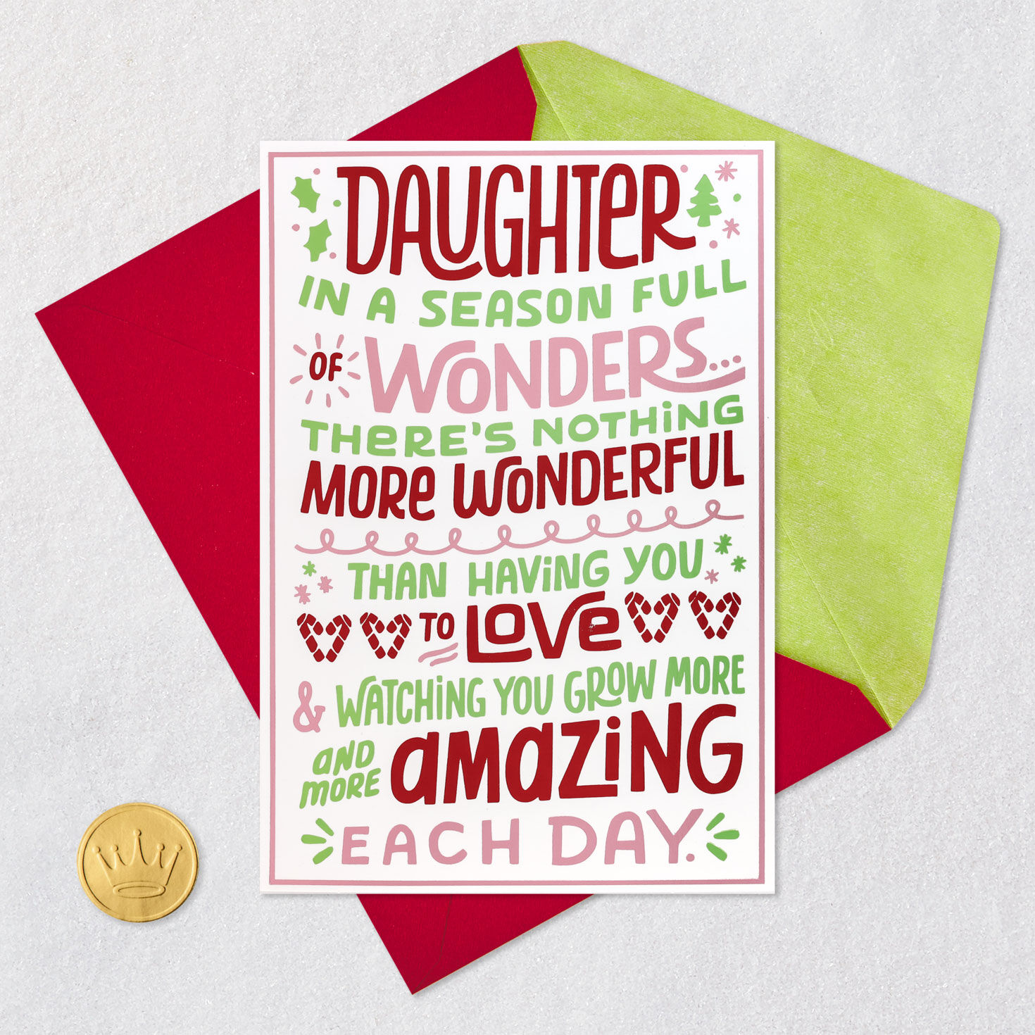 Pink and Green Lettering Christmas Card for Daughter Card Front with Envelope and Gold Seal image number 5