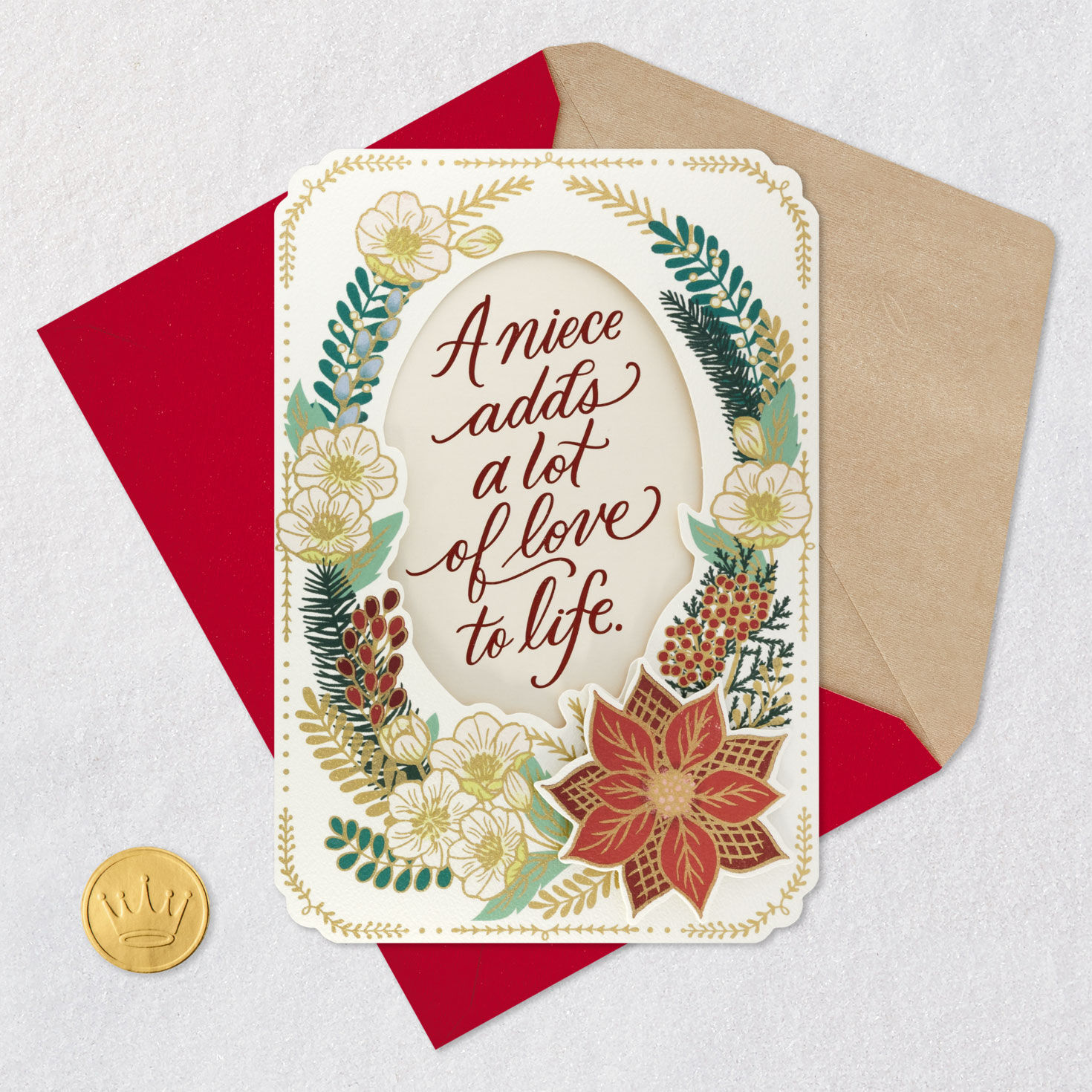 Poinsettia Floral Wreath Christmas Card for Niece Card Front with Envelope and Gold Seal image number 6