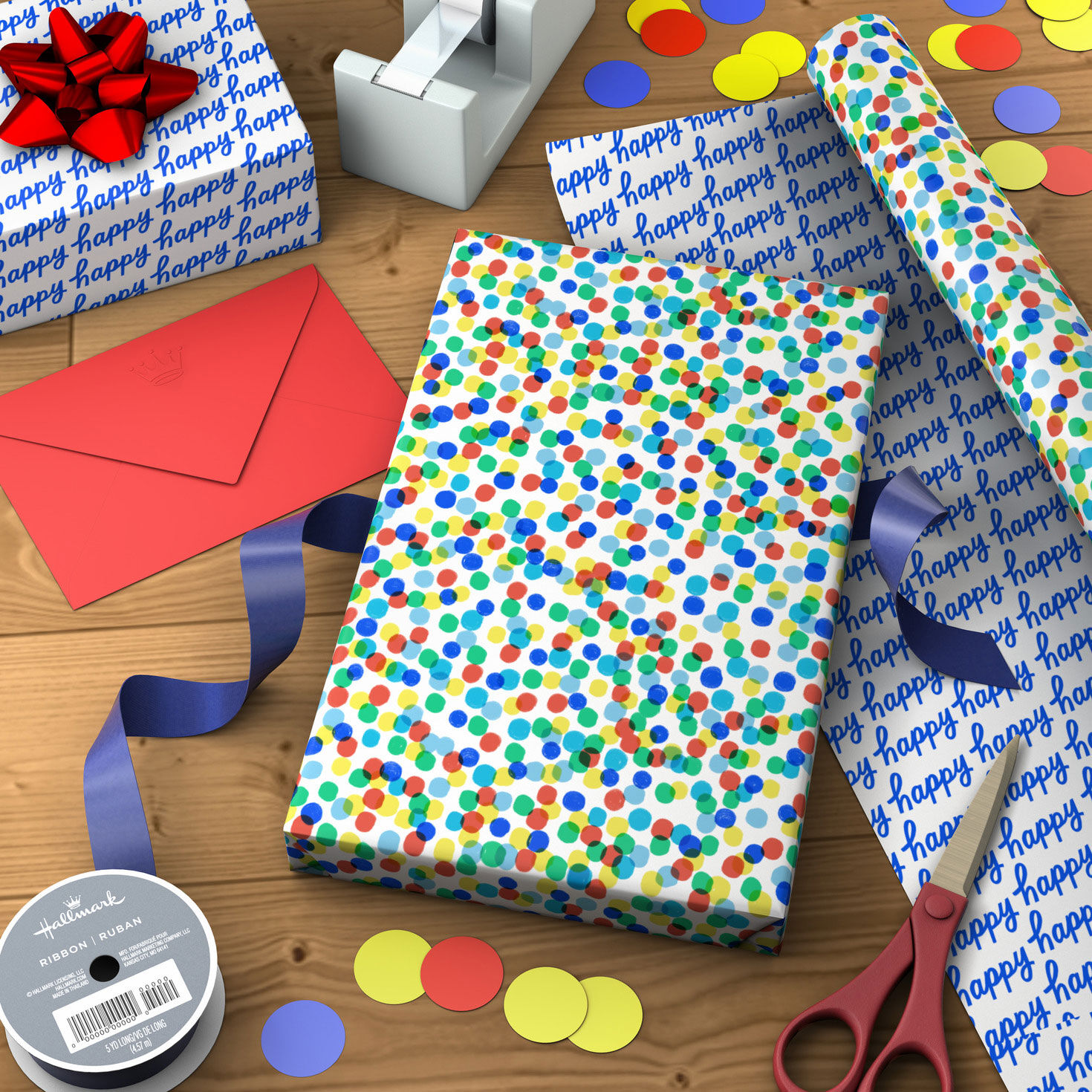 Primary Dots/Happy Messages Reversible Gift Wrap Wrapped pkg image number 3