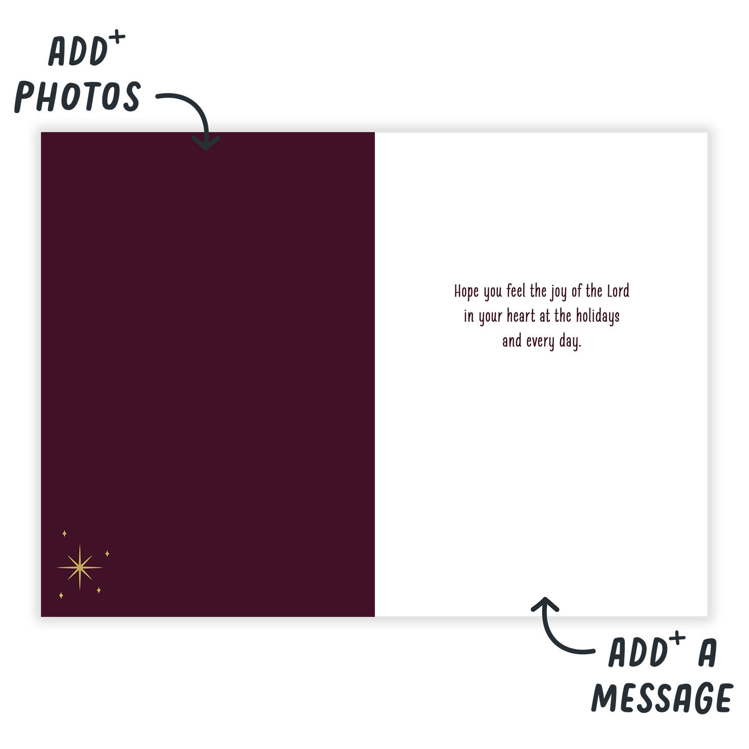 Gold Words on Purple Personalized Christmas Card Open Card indicating personalization image number 3