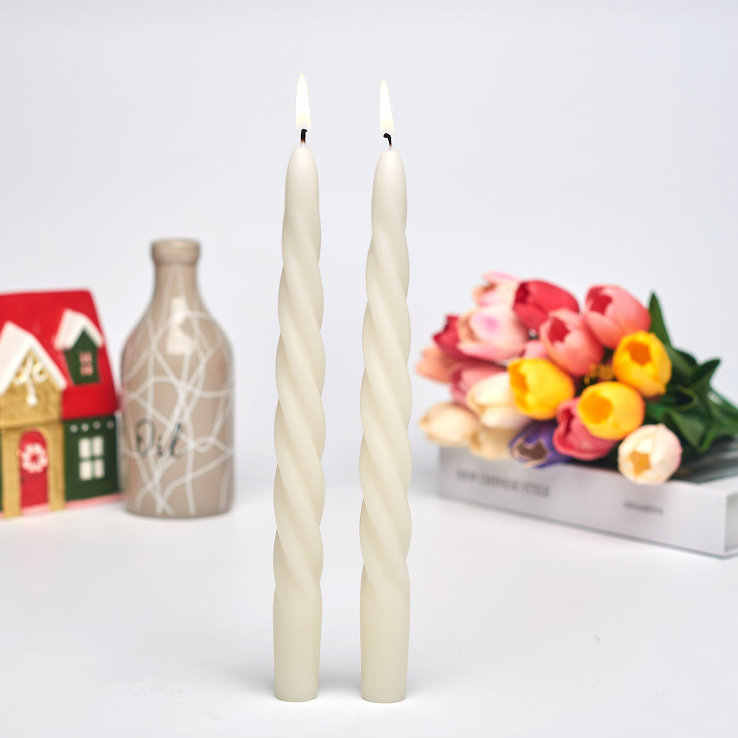 White Spiral Taper Candle Set in use image number 4
