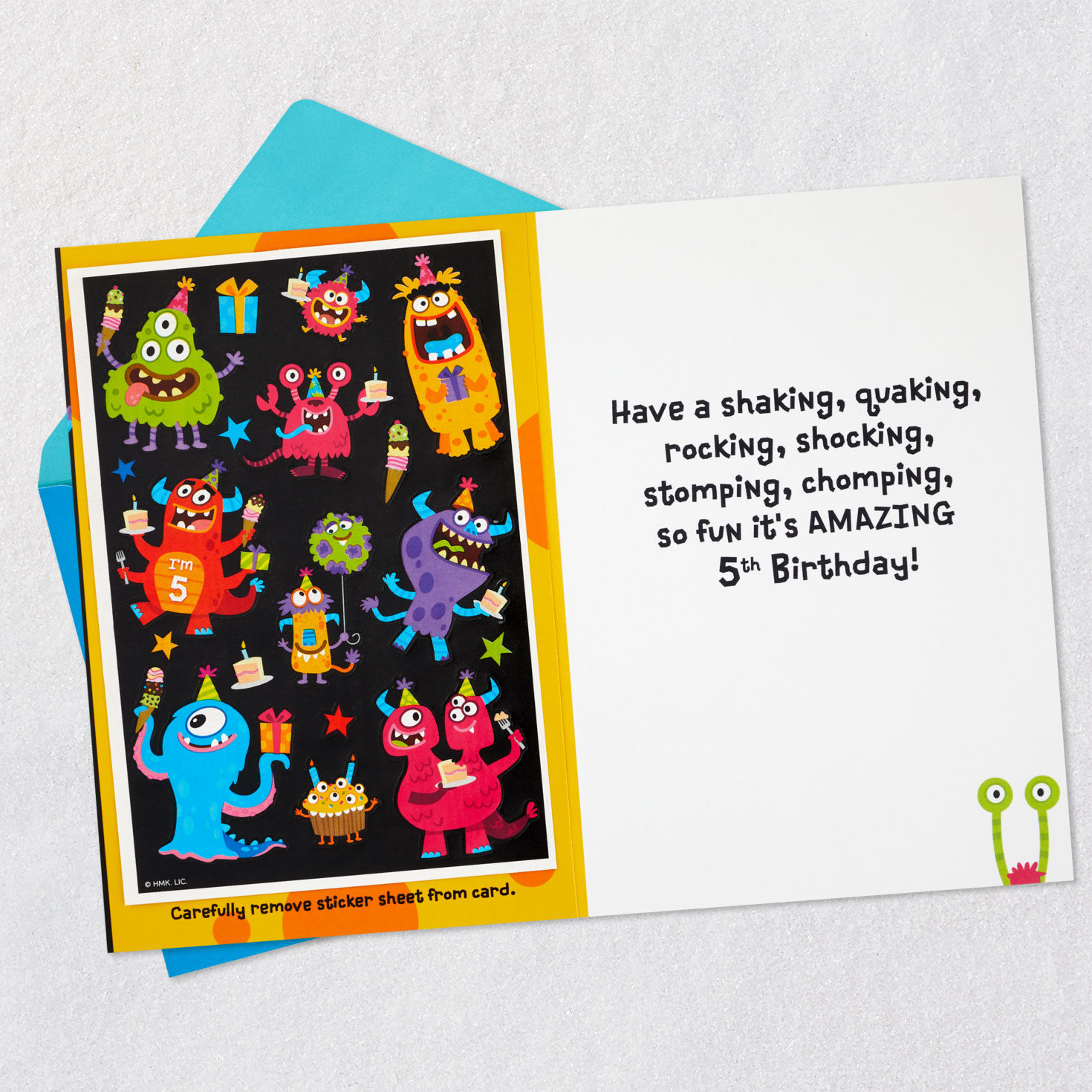 Cute Monsters 5th Birthday Card With Stickers Open card with envelope image number 3