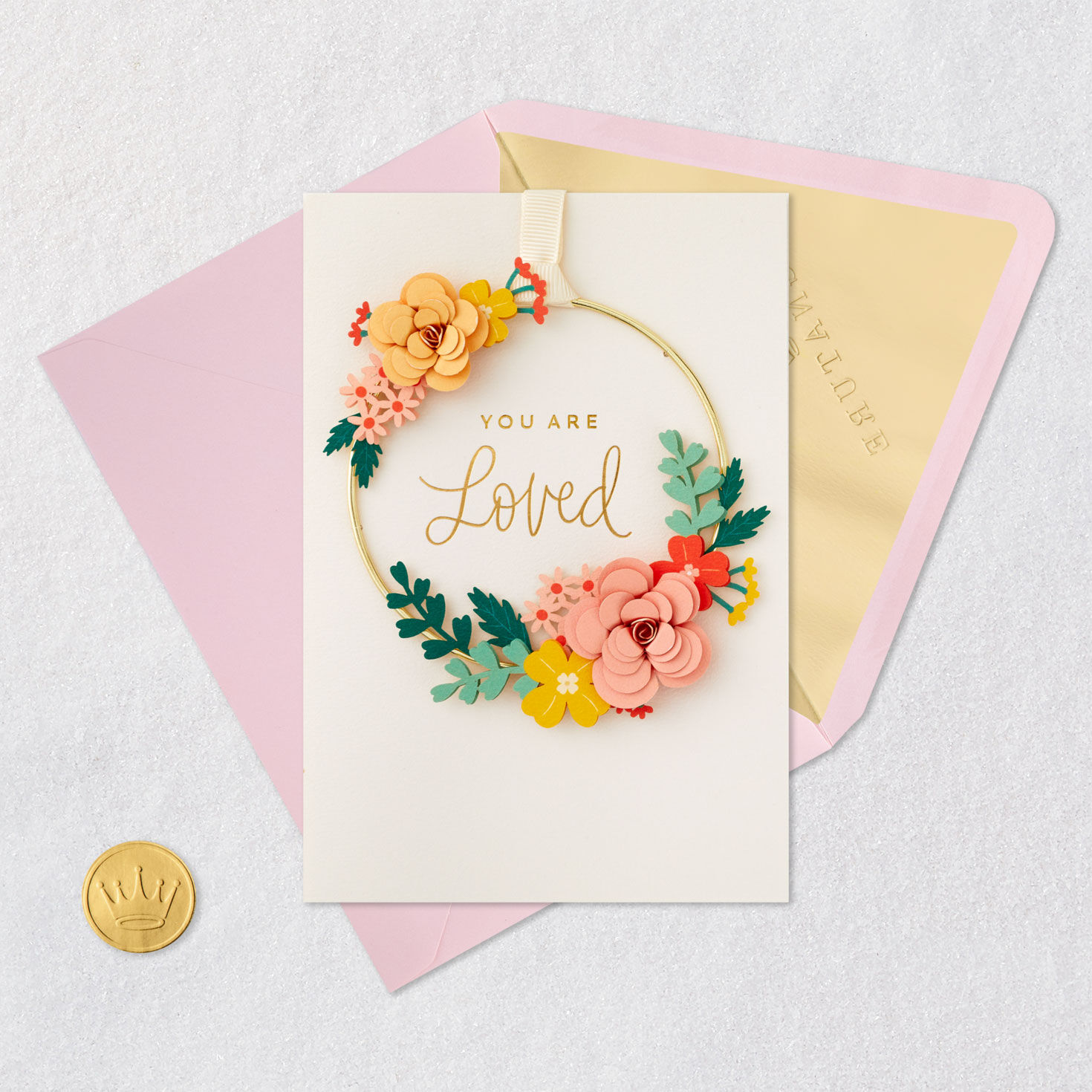 You Are Loved Floral Hoop Wreath Card Card Front with Envelope and Gold Seal image number 6
