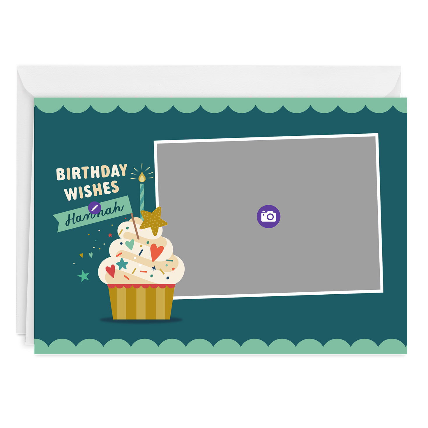 Cupcake Photo on Teal Personalized Birthday Card Card Front indicating personalization image number 3